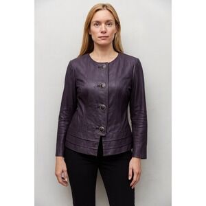 Vintage 90s Y2K Newport News Purple Leather Blazer Size 6 Gold Button Work